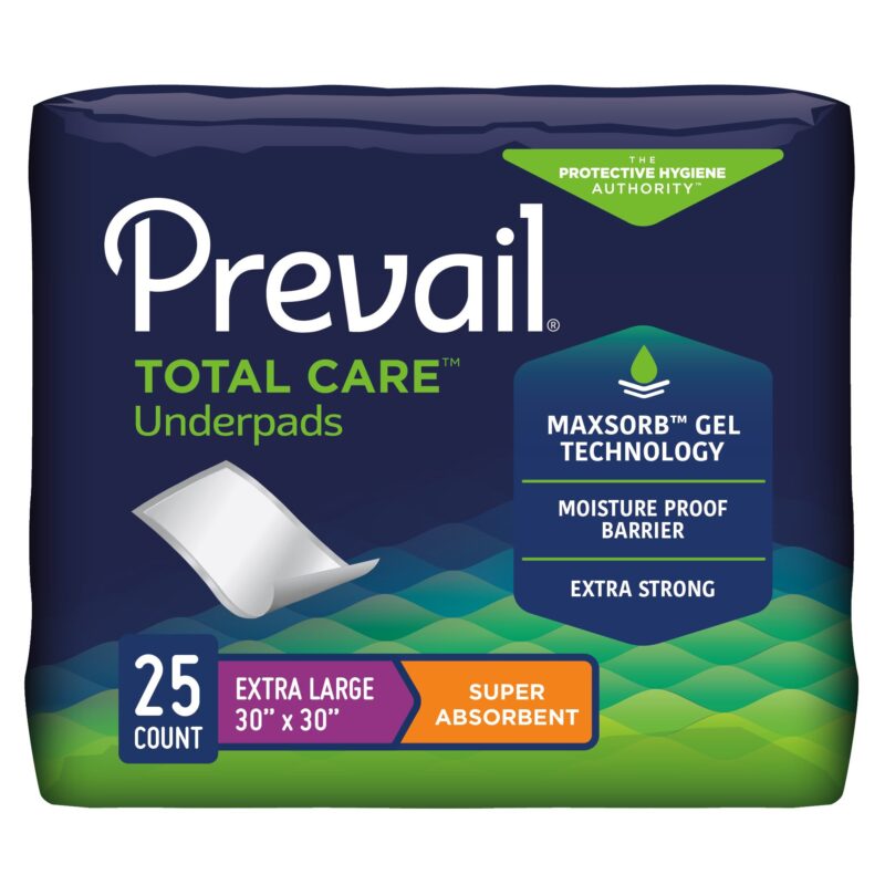Disposable Underpad Prevail® Total Care™ 30 X 30 Inch Polyester Heavy Absorbency (25 Counts / Pack of 4)