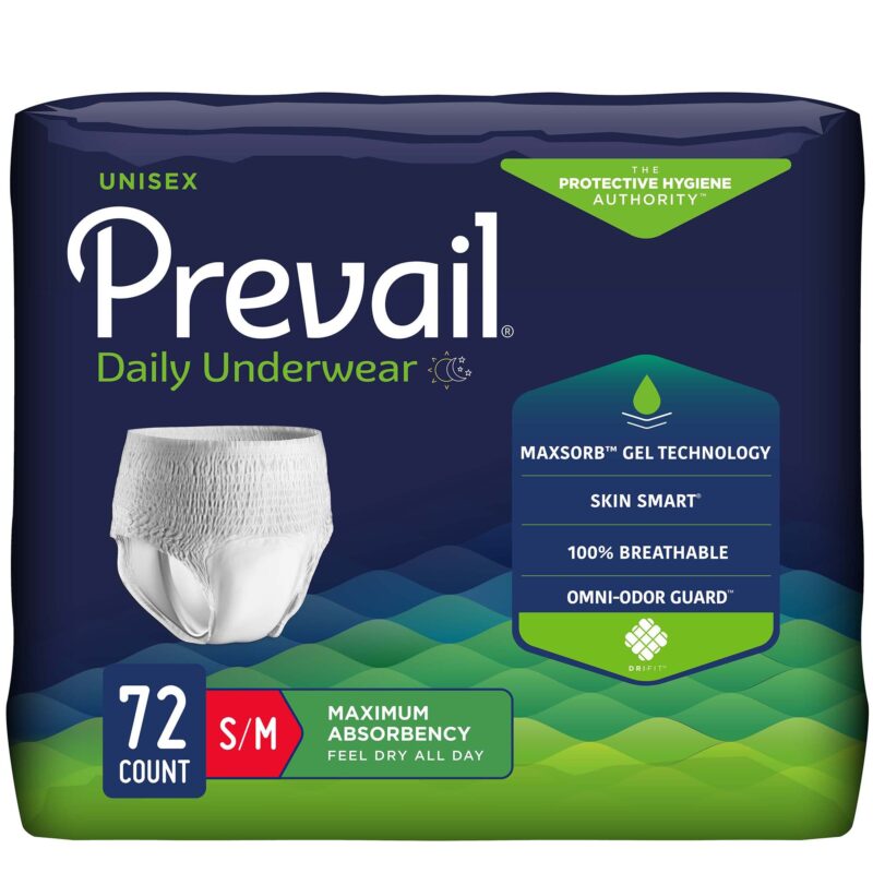 Unisex Adult Absorbent Underwear Prevail® Daily Underwear Maximum Pull On with Tear Away Seams Small / Medium Disposable Heavy Absorbency