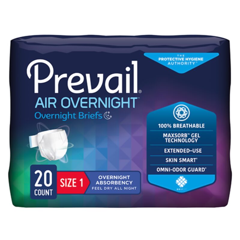 Unisex Adult Incontinence Brief Prevail Air™ Overnight Size 1 / Medium Disposable Heavy Absorbency (20 Counts / Pack of 4)